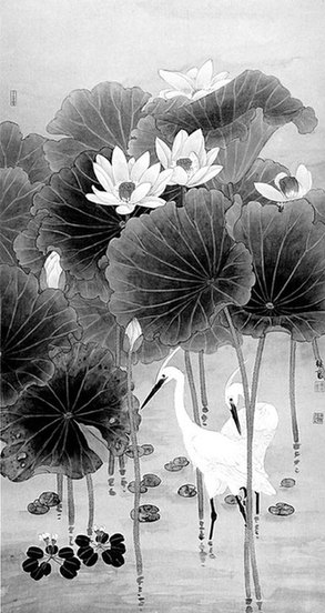 Egrets with Autumn Lotus